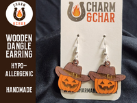 Thumbnail for Boohaw Pumpkin with Cowboy Hat Wood Dangle Earrings - Halloween Fashion Earring