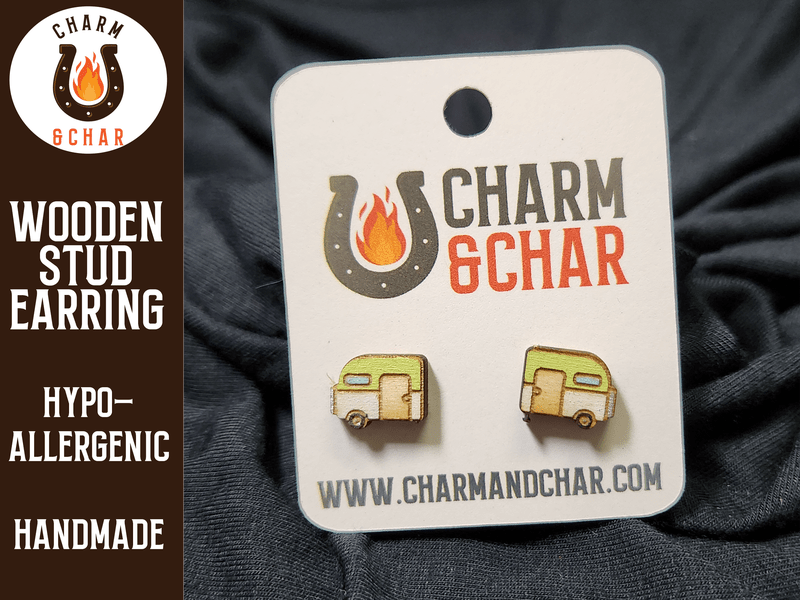 Camper Wood Stud Earrings - Camping Fashion Earring - Stud Earring - Charm and Char