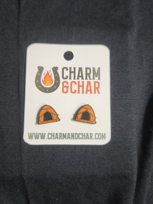 Camping Tent Wood Stud Earrings - Camping Fashion Earring - Stud Earring - Charm and Char