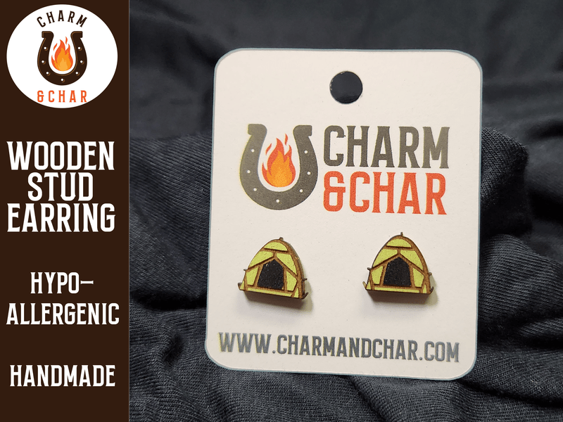 Camping Tent Wood Stud Earrings - Camping Fashion Earring - Stud Earring - Charm and Char