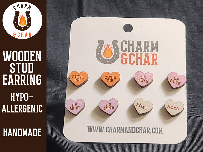 Candy Heart Wood Stud Earrings - Valentine's Day Fashion Earring Set - Stud Earring - Charm and Char