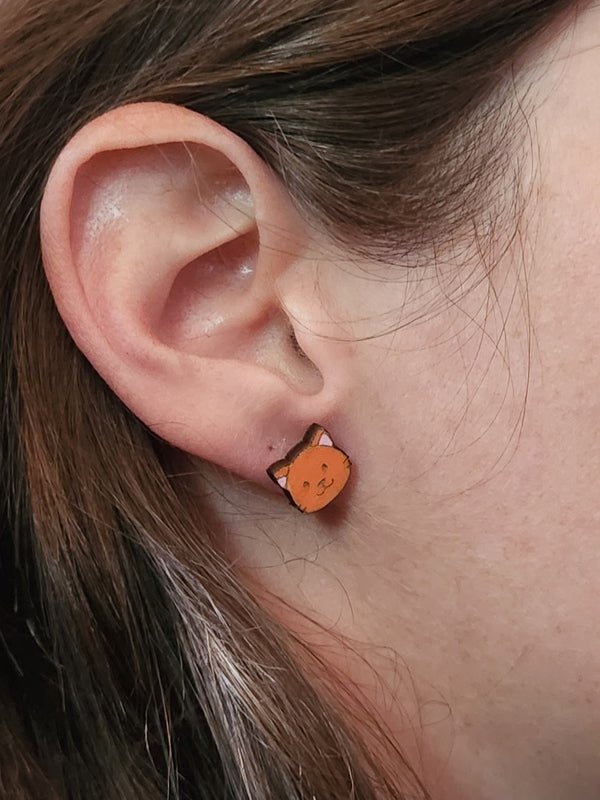 Cat Wood Stud Earrings - Animal Fashion Earring - Stud Earring - Charm and Char