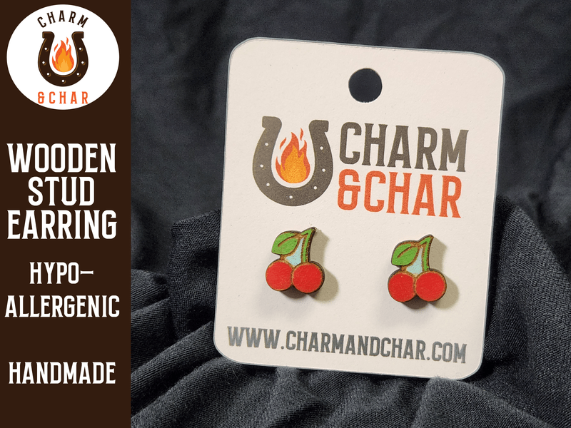 Cherries Wood Stud Earrings - Fruit Fashion Earring - Stud Earring - Charm and Char