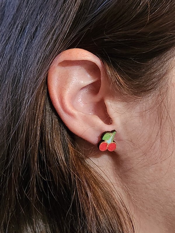 Cherries Wood Stud Earrings - Fruit Fashion Earring - Stud Earring - Charm and Char