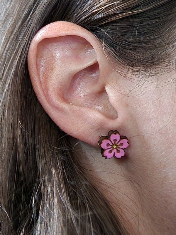 Cherry Blossom Wood Stud Earrings - Flower Fashion Earring - Stud Earring - Charm and Char