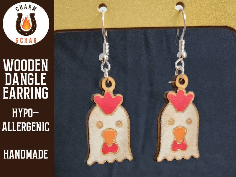 Chicken Face Wood Dangle Earrings - Farm Animal Fashion Earring - Dangle Earring - Charm and Char