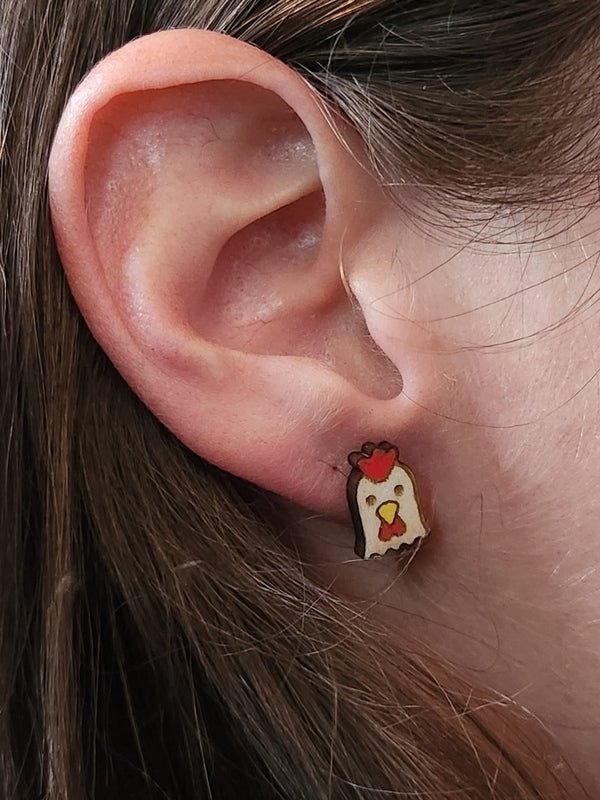 Chicken Wood Stud Earrings - Animal Fashion Earring - Stud Earring - Charm and Char