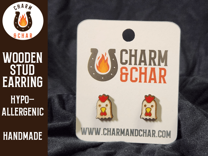 Chicken Wood Stud Earrings - Animal Fashion Earring - Stud Earring - Charm and Char