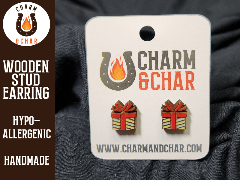 Christmas Present Wood Stud Earrings - Christmas Fashion Earring - Stud Earring - Charm and Char