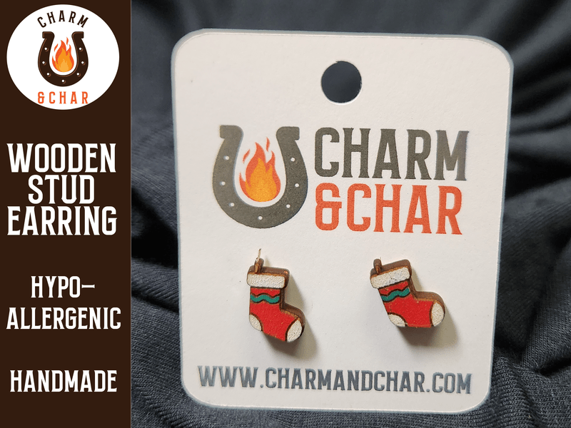 Christmas Stocking Wood Stud Earrings - Christmas Fashion Earring - Stud Earring - Charm and Char