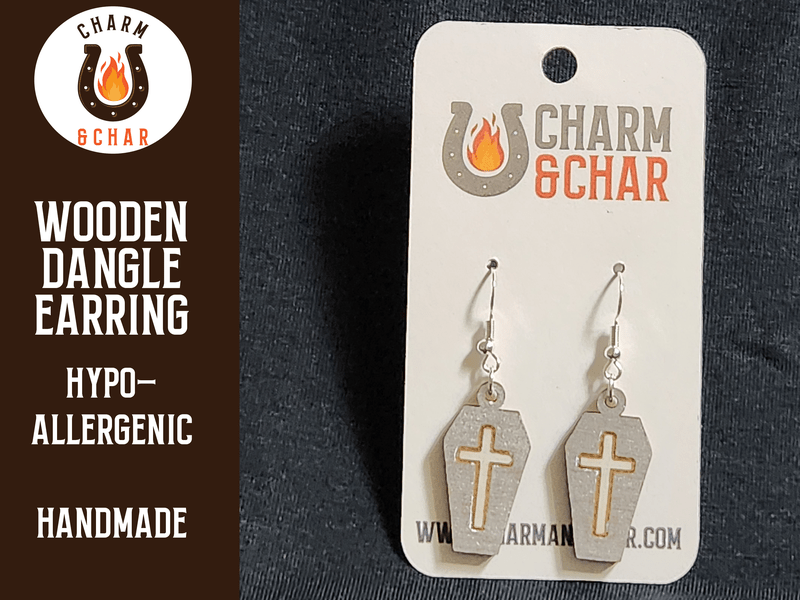 Coffin with Cross Wood Dangle Earrings - Halloween Fashion Earring - Dangle Earring - Charm and Char