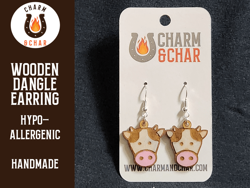 Cow Face Wood Dangle Earrings - Farm Animal Fashion Earring - Dangle Earring - Charm and Char