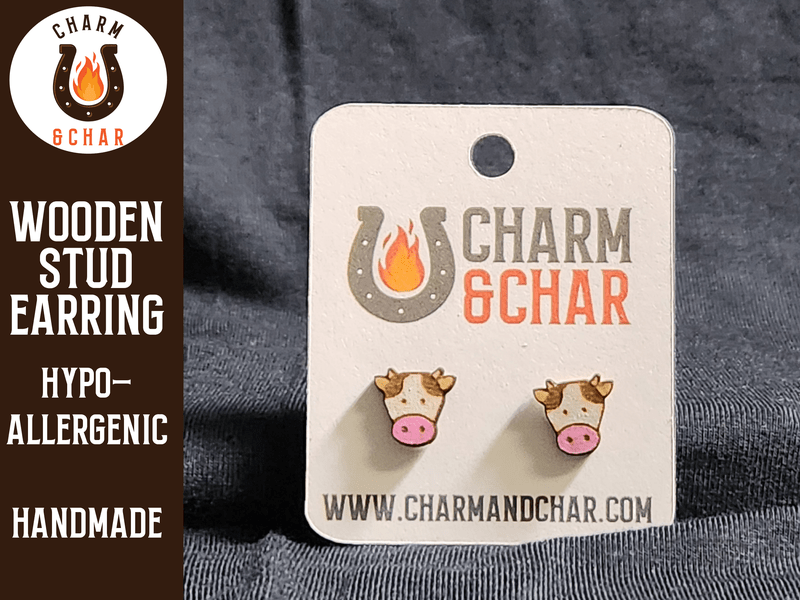 Cow Face Wood Stud Earrings - Farm Animal Fashion Earring - Stud Earring - Charm and Char