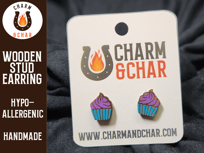 Cupcake Wood Stud Earrings - Dessert Fashion Earring - Stud Earring - Charm and Char