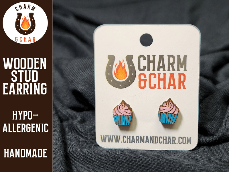Cupcake Wood Stud Earrings - Dessert Fashion Earring - Stud Earring - Charm and Char