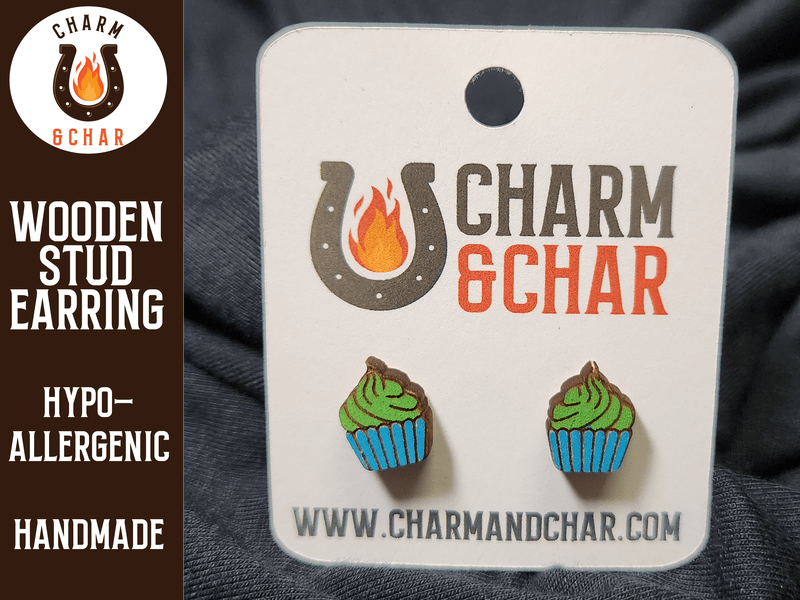 Cupcake Wood Stud Earrings - Dessert Fashion Earring - Stud Earring - Charm and Char