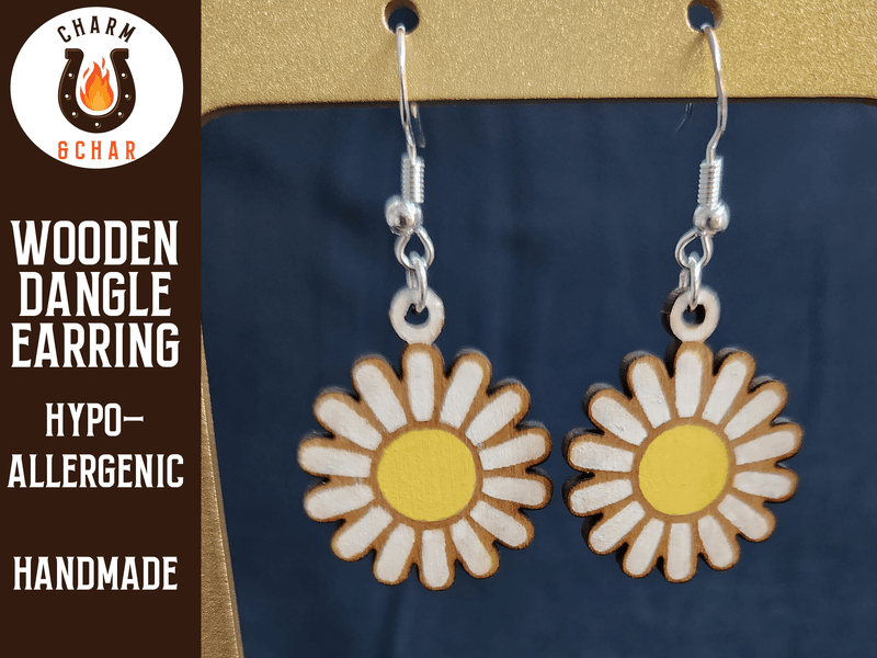 Daisy Wood Dangle Earrings - Floral Fashion Earring - Dangle Earring - Charm and Char