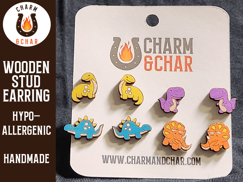 Dinosaur Wood Stud Earrings - Dinosaur Fashion Earring Set - Stud Earring - Charm and Char
