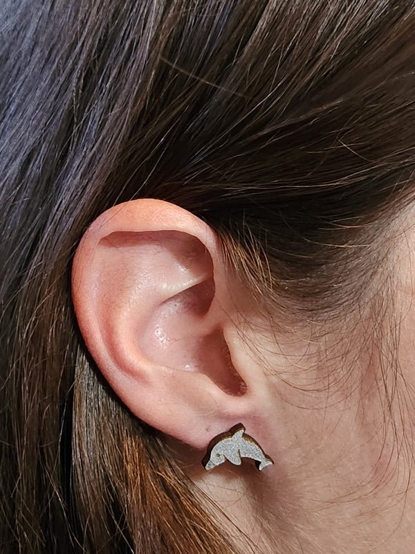 Dolphin Wood Stud Earrings - Animal Fashion Earring - Stud Earring - Charm and Char