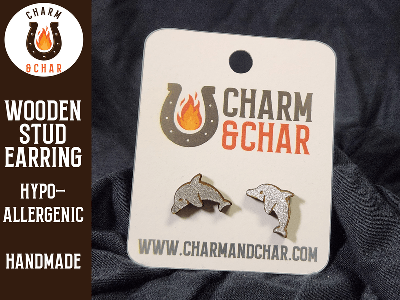 Dolphin Wood Stud Earrings - Animal Fashion Earring - Stud Earring - Charm and Char