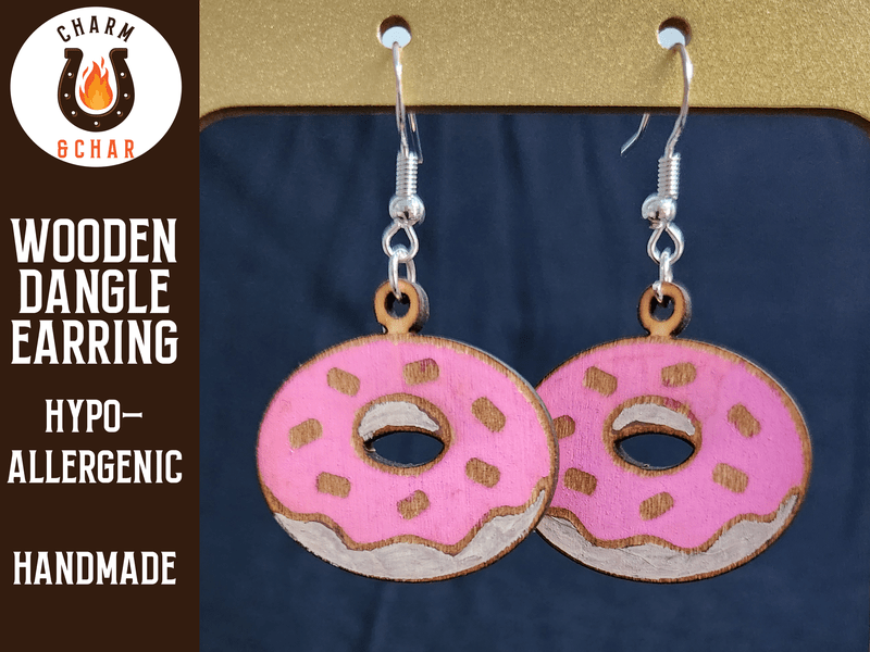 Doughnut Wood Dangle Earrings - Food Fashion Earring - Dangle Earring - Charm and Char