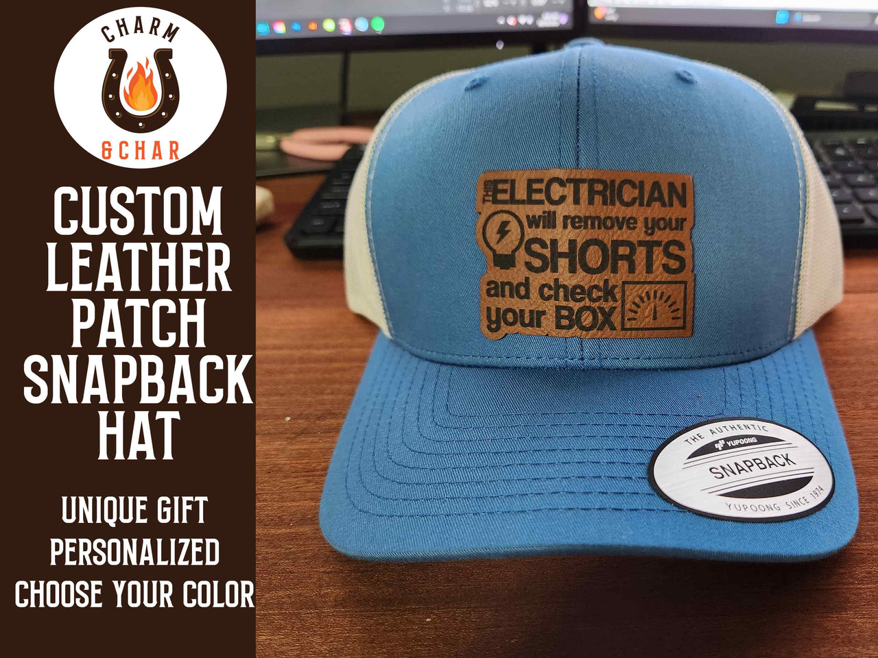 This Electrician will with Remove your Shorts and Check your Box Leather Patch Trucker Hat for Electricians