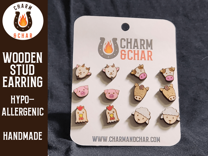 Farm Animal Wood Stud Earrings - Farm Fashion Earring Set - Stud Earring - Charm and Char