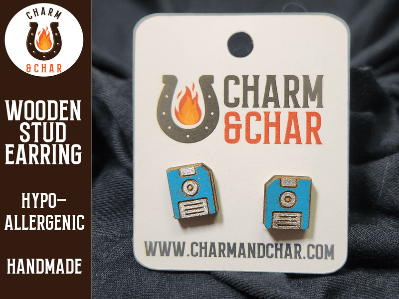 Floppy Disk Wood Stud Earrings - Retro Fashion Earring - Stud Earring - Charm and Char