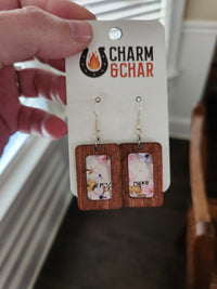 Thumbnail for Floral Frame Rectangle Earrings – Wood & Acrylic Inlay - Dangle Earring - Charm and Char