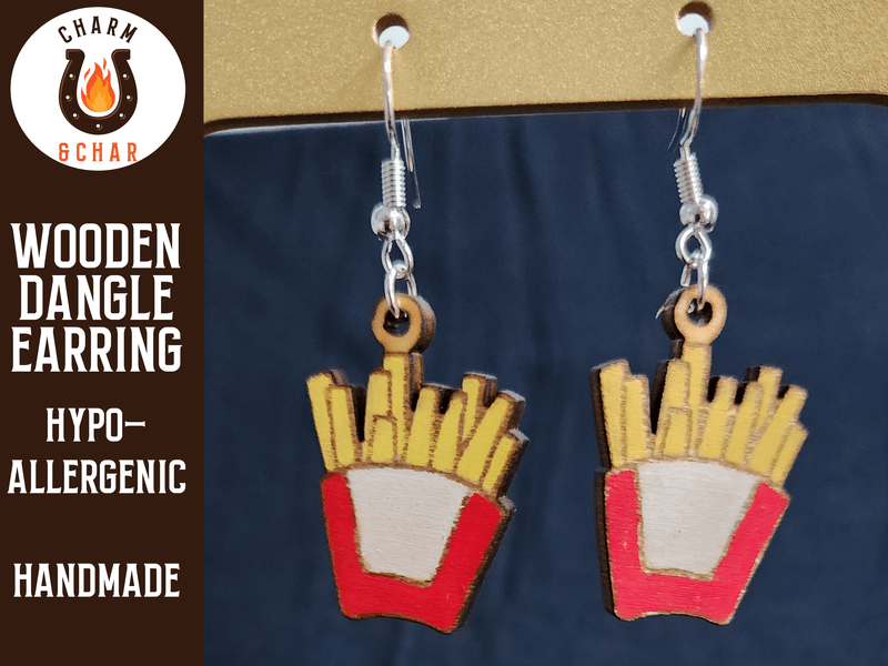 French Fries Wood Dangle Earrings - Food Fashion Earring - Dangle Earring - Charm and Char