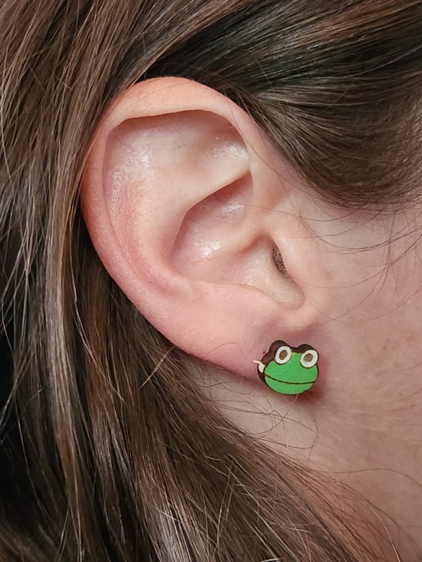 Frog Wood Stud Earrings - Animal Fashion Earring - Stud Earring - Charm and Char