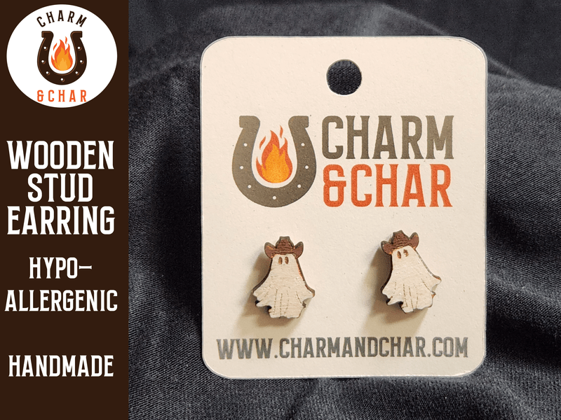 Ghost with Cowboy Hat Wood Stud Earrings - Halloween Fashion Earring - Stud Earring - Charm and Char