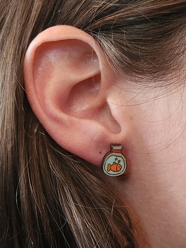 Goldfish in a Bag Wood Stud Earrings - Animal Fashion Earring - Stud Earring - Charm and Char
