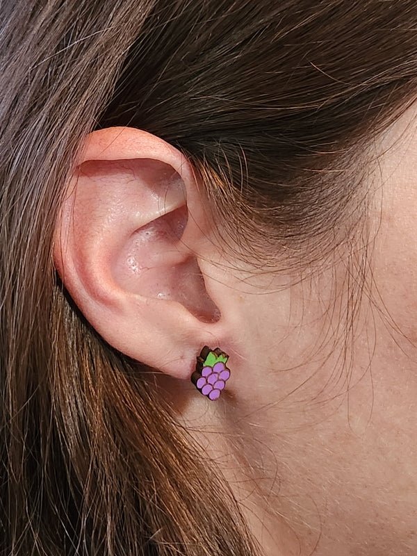 Grapes Wood Stud Earrings - Food Fashion Earring - Stud Earring - Charm and Char