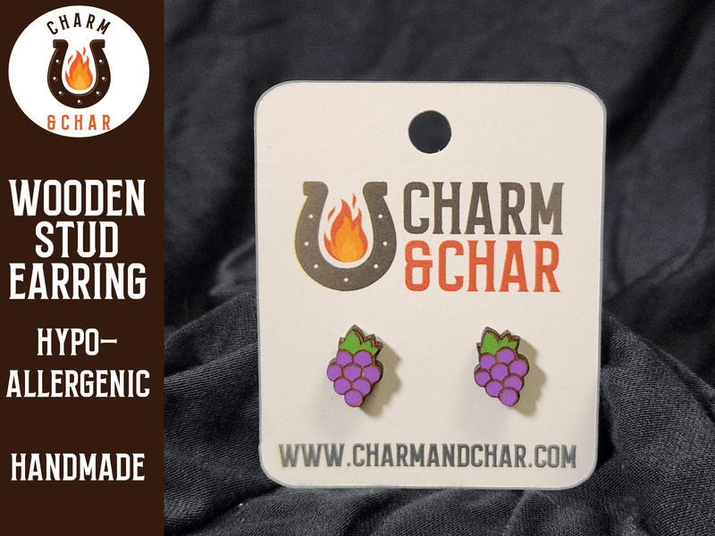 Grapes Wood Stud Earrings - Food Fashion Earring - Stud Earring - Charm and Char