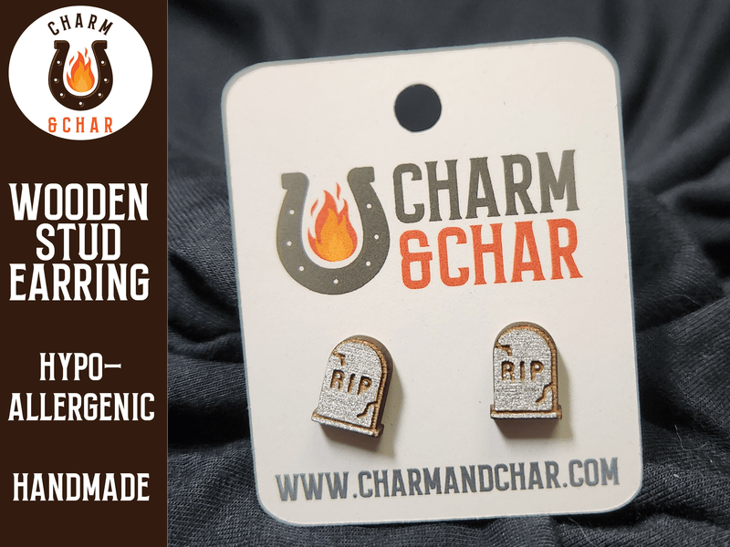 Grave RIP Wood Stud Earrings - Halloween Fashion Earring - Stud Earring - Charm and Char