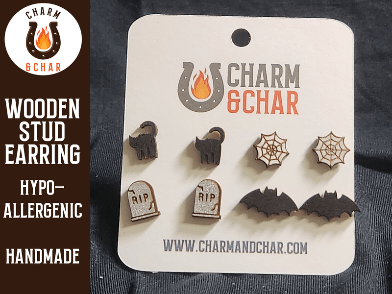 Halloween Wood Stud Earrings - Spooky Fashion Earring Set - Stud Earring - Charm and Char