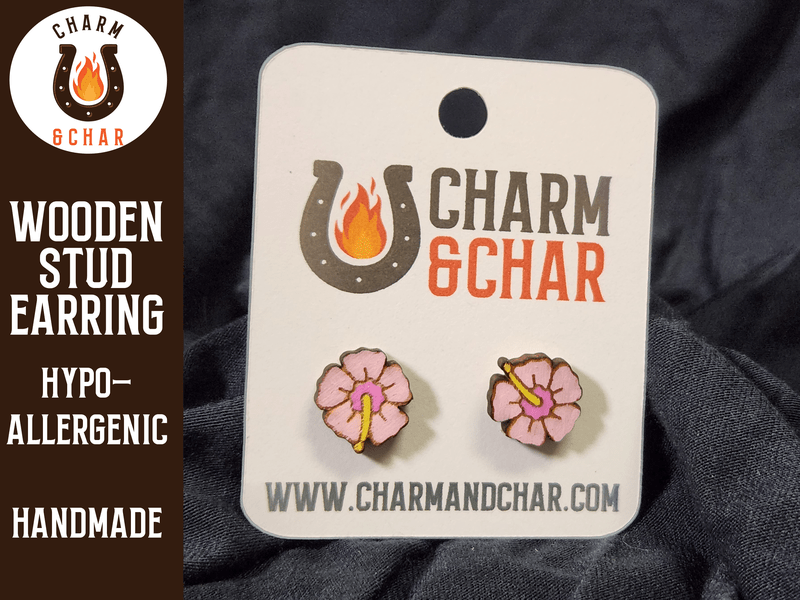 Hibiscus Wood Stud Earrings - Flower Fashion Earring - Stud Earring - Charm and Char