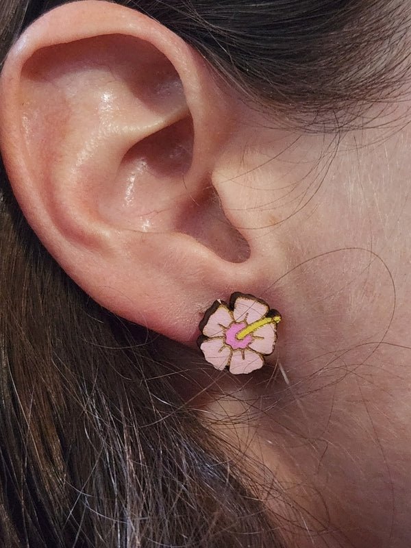 Hibiscus Wood Stud Earrings - Flower Fashion Earring - Stud Earring - Charm and Char