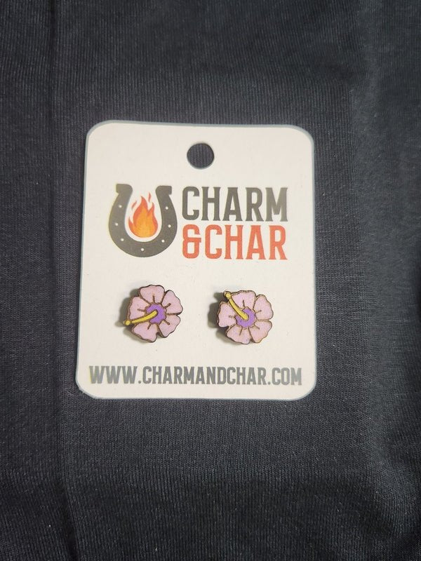 Hibiscus Wood Stud Earrings - Flower Fashion Earring - Stud Earring - Charm and Char