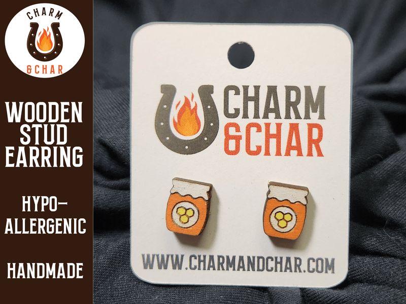 Honey Jar Wood Stud Earrings - Beekeeper Fashion Earring - Stud Earring - Charm and Char