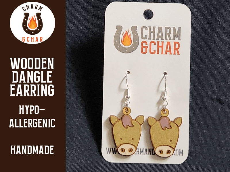 Horse Face Wood Dangle Earrings - Farm Animal Fashion Earring - Dangle Earring - Charm and Char