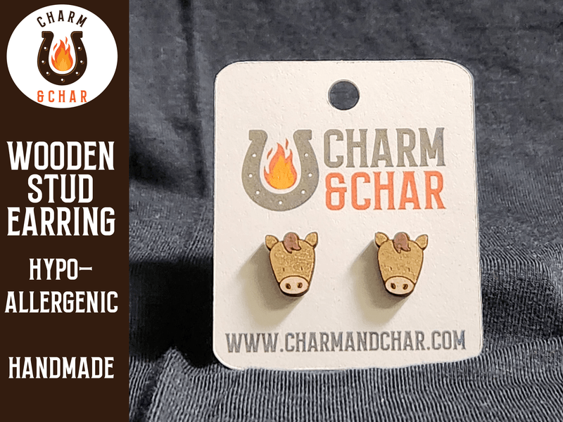 Horse Face Wood Stud Earrings - Farm Animal Fashion Earring - Stud Earring - Charm and Char