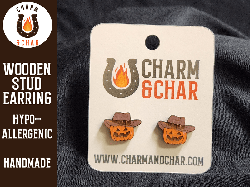 Jack o Lantern with Cowboy Hat Wood Stud Earrings - Halloween Fashion Earring - Stud Earring - Charm and Char