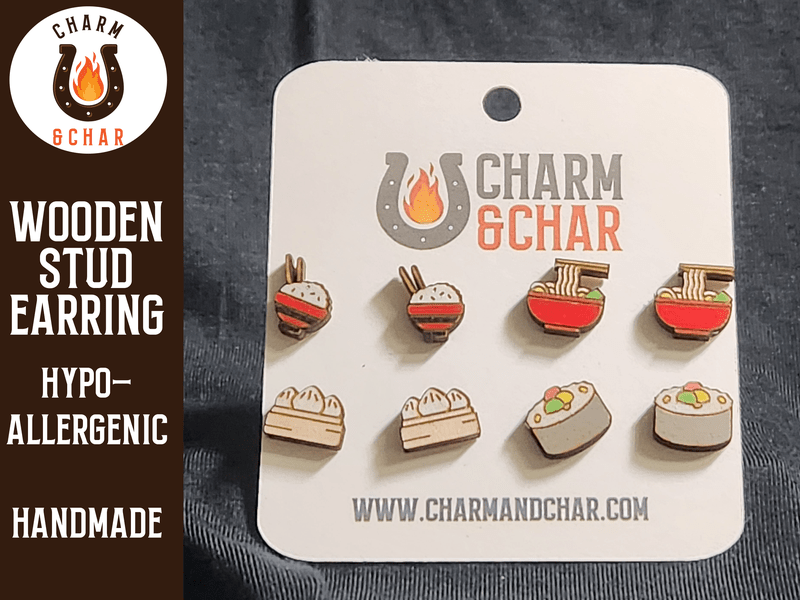 Japanese Food Wood Stud Earrings - Food Fashion Earring Set - Stud Earring - Charm and Char