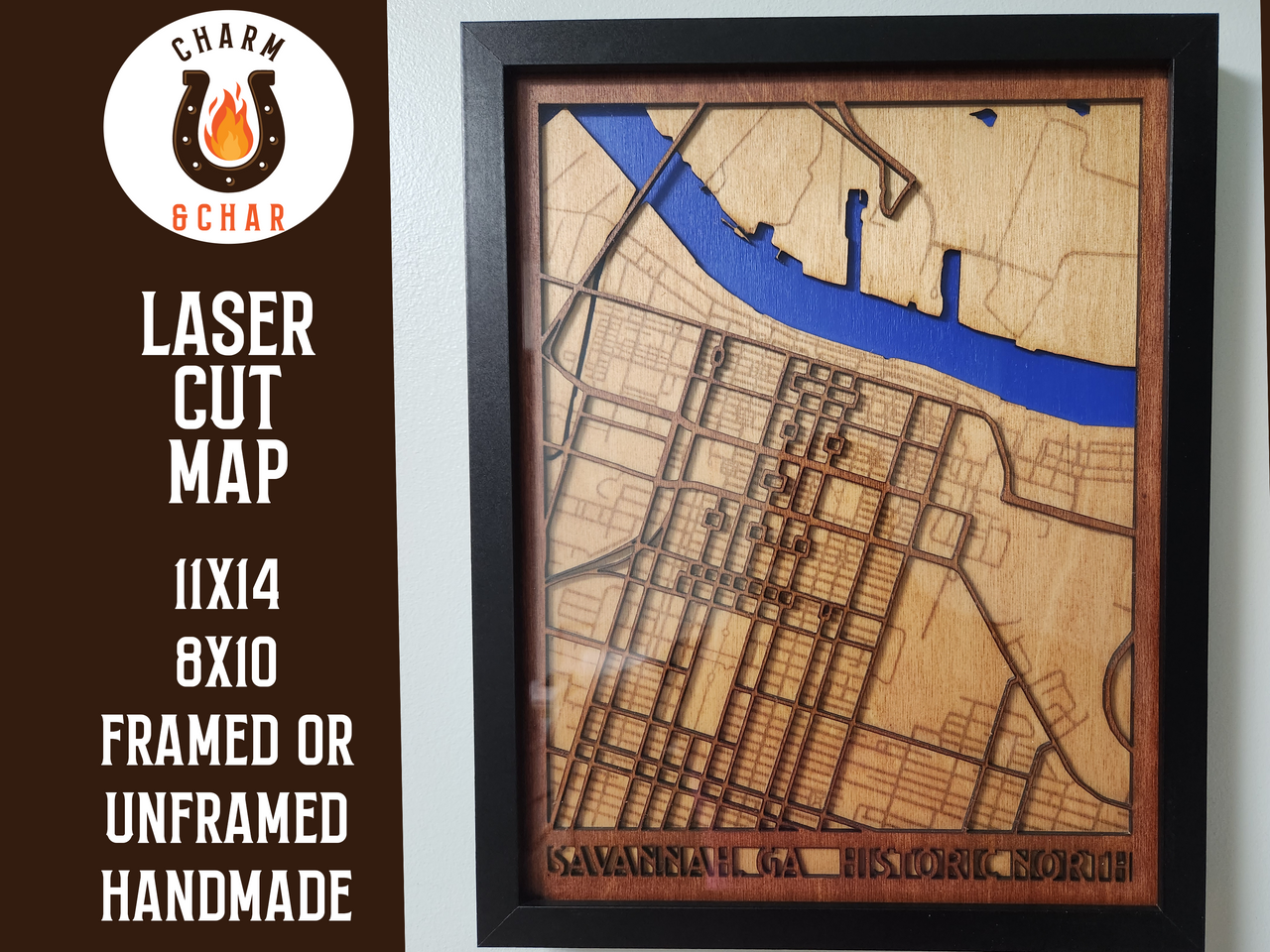 Savannah, GA Historic District North Wood Laser Map - Handcrafted Wood Map - Housewarming Gift