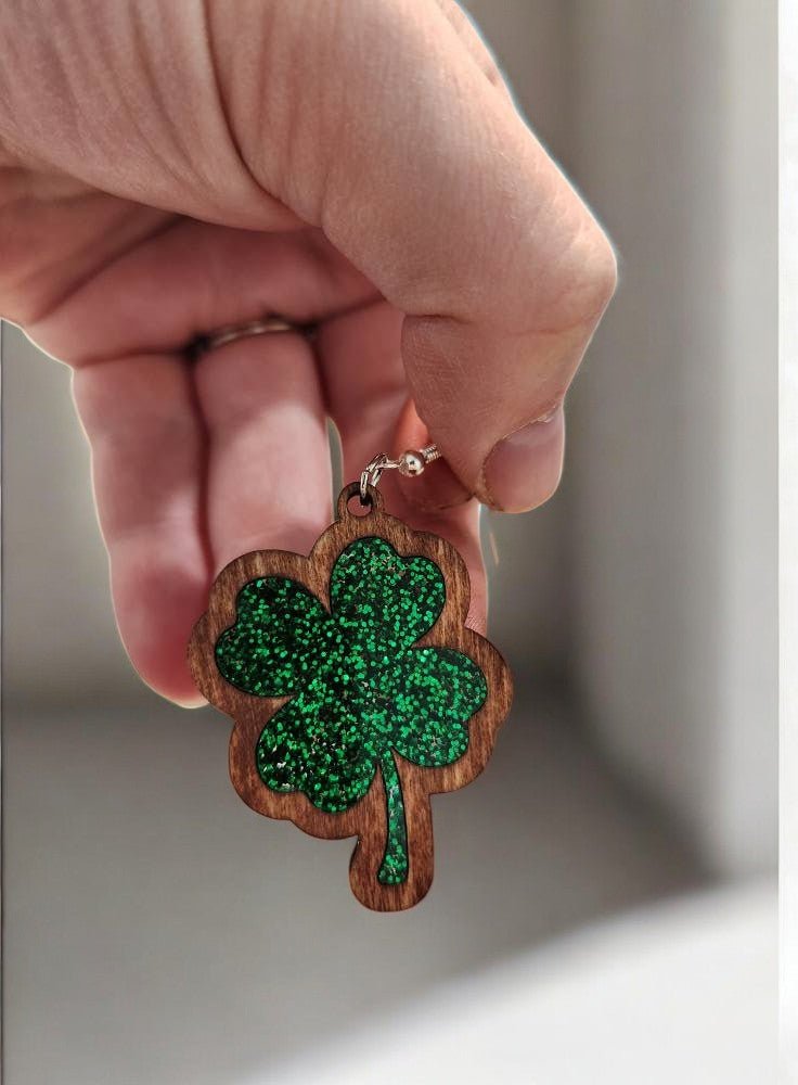Limited Edition Glitter Clover Wood Earrings – St. Patrick’s Day Special - Dangle Earring - Charm and Char