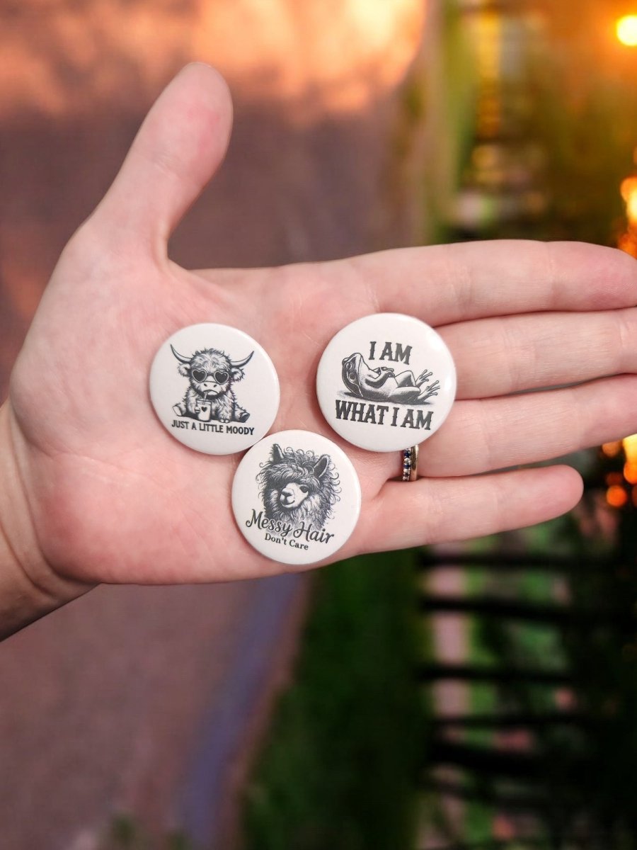 Messy Hair, Don’t Care - 1.25" Pin - Back Button | Fun Llama Statement - Button - Charm and Char