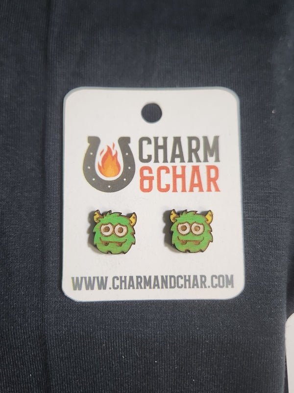 Monster Wood Stud Earrings - Animal Fashion Earring - Stud Earring - Charm and Char
