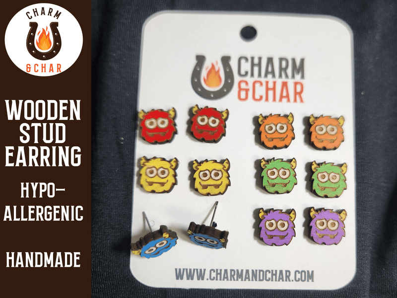 Monster Wood Stud Earrings - Animal Fashion Earring - Stud Earring - Charm and Char